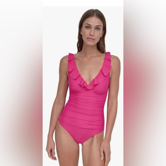 DKNY Womens Ruffle V-Neck One Piece Swimsuit with Tummy Control Size S NWT - Picture 11 of 11